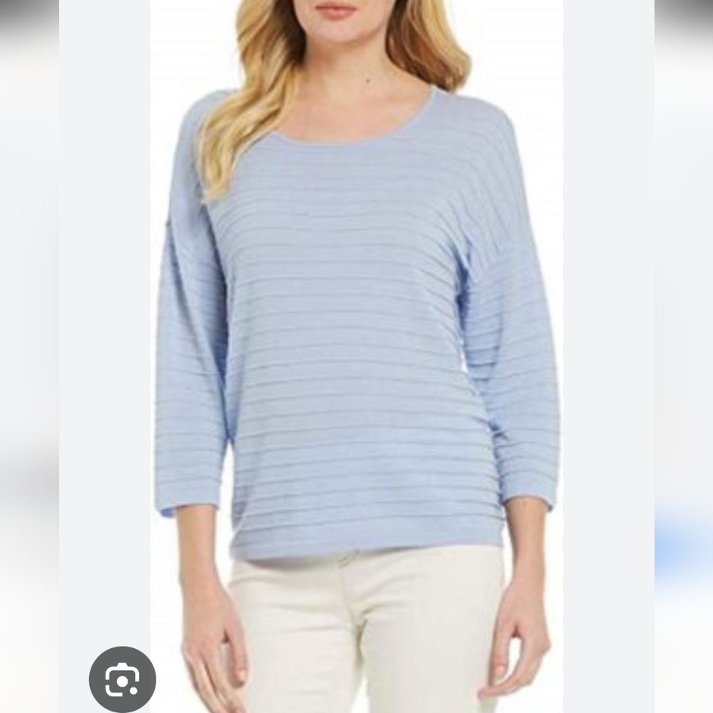 Eileen Fisher Women's Medium Blue Purple Ribbed Sweater 3/4 Sleeve Top Blouse
